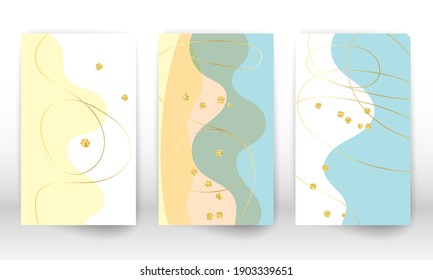 Watercolor effect design cover. Set of abstract hand drawn geometric shapes. Doodle lines, golden particles.