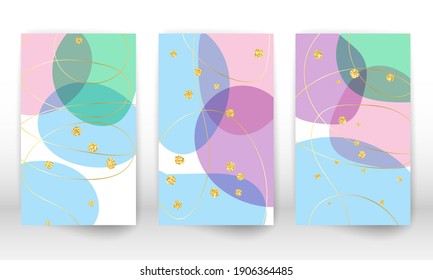Design-Cover für den Aquarelleffekt Satz abstrakter, handgezeichneter geometrischer Formen. Doodle-Linien, goldene Teilchen.