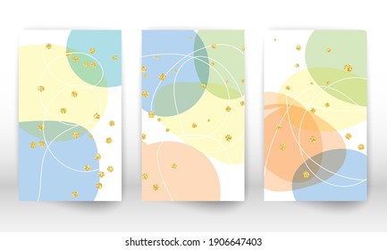 Watercolor effect design cover. Set of abstract hand drawn geometric shapes. Doodle lines, golden particles.