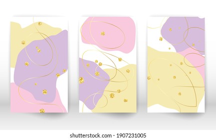 Watercolor effect design cover. Set of abstract hand drawn geometric shapes. Doodle lines, golden particles.