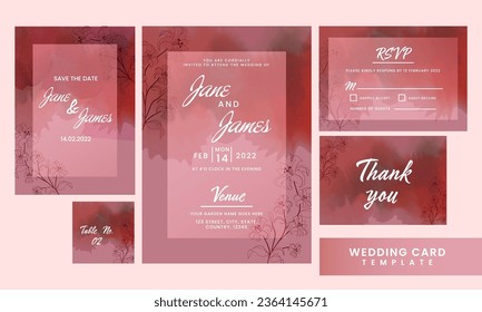 Watercolor Effect Floral Wedding Invitation Suite Templates Layout, Ready To Be Printable.