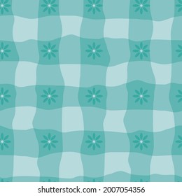 Watercolor effect gingham and flower vector seamless pattern background. Organic floral and irregular stripes painterly grid plaid backdrop. Aqua blue checked crinkle faux cloth repeat for packaging