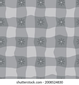 Watercolor effect gingham and flower vector seamless pattern background. Organic floral and irregular stripes painterly grid plaid backdrop. Monochrome grey crinkle faux cloth repeat for packaging