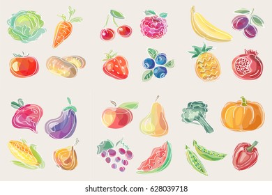 Watercolor effect hand drawn set of vegetables and fruits. Strawberry, Apple, Watermelon, Banana, Carrot, Tomato, Broccoli, Pumpkin, Pepper etc. Vector objects isolated on white background.