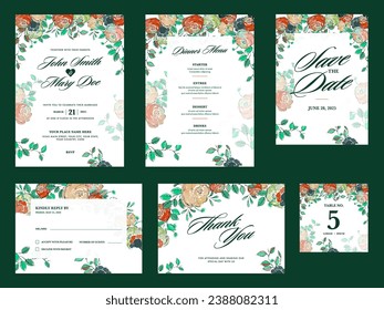 Watercolor Effect Rose Flowers Decorated Wedding Invitation Card, Dinner Menu, Save The Date and Thank You.