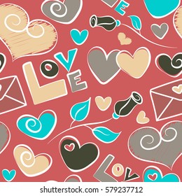 Watercolor effect vector illustration. Seamless pattern with decorative summer motif, hearts, rose flower and love text in pink, gray and green colors.