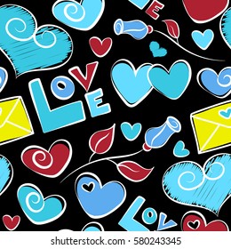 Watercolor effect vector illustration. Seamless pattern with decorative summer flower, hearts and love text in yellow, red and blue colors over black backdrop.