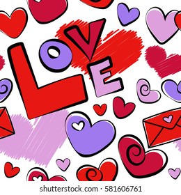 Watercolor effect vector illustration. Seamless pattern with decorative summer motif, hearts and love text in violet and red colors over white backdrop.