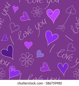 Watercolor effect vector illustration. Seamless pattern with decorative summer motif, hearts, chamomile flower and I love you text in violet and purple colors.