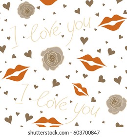 Watercolor effect vector illustration. Seamless pattern with decorative summer flower, hearts and love text in beige and orange colors over white backdrop.