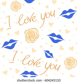 Watercolor effect vector illustration. Seamless pattern with decorative summer flower, hearts and love text in orange, blue and beige colors over white backdrop.