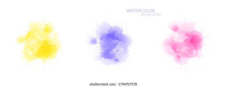 Watercolor effect vector stains. Grunge splatter set. Paint pastel stains.  Ink spots. Splatter. Watercolor drops. Grunge backgrounds collection.