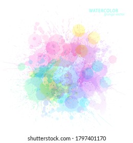 Watercolor effect vector stains. Grunge splatter. Paint pastel stains. Ink spots. Colorful splatter. Watercolor drops. Grunge colorful paint overlay.