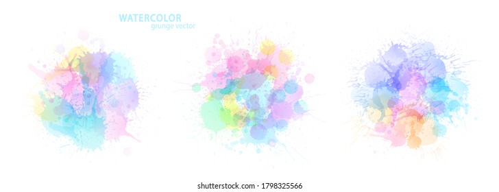 Watercolor effect vector stains. Grunge splatter set. Paint pastel stains.  Ink spots. Splatter. Watercolor drops. Grunge backgrounds collection.