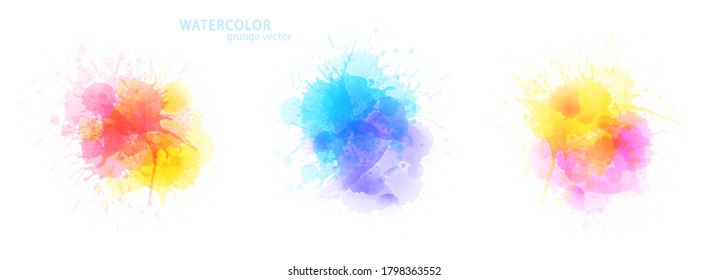 Watercolor effect vector stains. Grunge splatter set. Paint pastel stains.  Ink spots. Colorful watercolor splashes. Rainbow stains. Splatter. Watercolor drops. Grunge backgrounds collection.