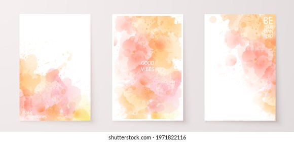 Watercolor effect vector stains. Grunge splatter backgrounds set. Paint stains. Watercolor splatter posters, wall art or greeting cards. Grunge colorful paint drops overlay.