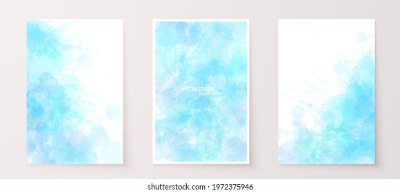 Watercolor effect vector stains. Grunge splatter backgrounds set. Paint stains. Watercolor splatter wall art, poster, greeting cards. Pastel blue grunge paint drops overlay.