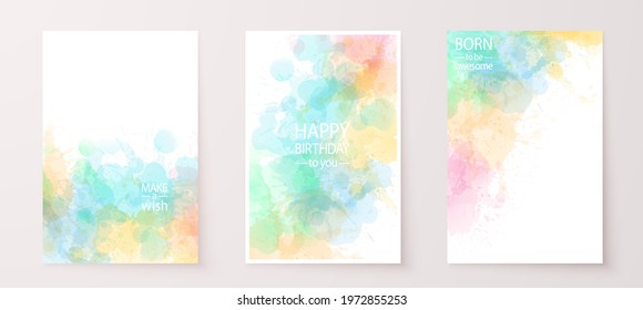 Watercolor effect vector stains. Grunge splatter backgrounds set. Paint stains. Watercolor splatter. Happy Birthday greeting cards. Grunge colorful paint drops overlay.