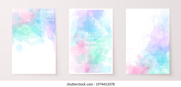 Watercolor effect vector stains. Grunge splatter backgrounds set. Paint stains. Watercolor splatter posters or greeting cards. Grunge colorful paint drops overlay.