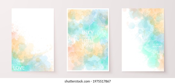 Watercolor effect vector stains. Grunge splatter backgrounds set. Paint stains. Watercolor splatter posters, wall art or greeting cards. Grunge pastel green orange colors paint drops.
