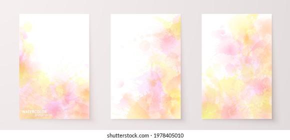 Watercolor effect vector stains. Grunge splatter backgrounds set. Paint stains. Watercolor splatter colorful posters, wall art or greeting cards. Grunge rainbow paint drops overlay.