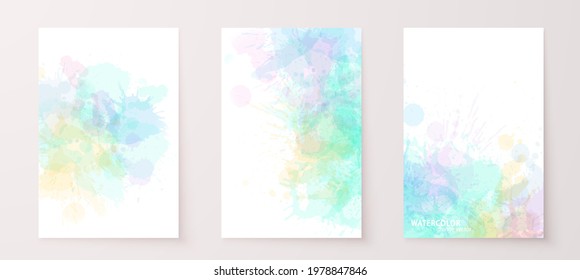 Watercolor effect vector stains. Grunge splatter backgrounds set. Paint stains. Watercolor splatter posters, wall art, greeting cards. Bright colorful grunge paint drops overlay.