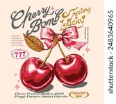 watercolor effects Cherry fruit , hand writing text slogan ..cherry Bomb and feeling lucky, vintage graphics print art, women