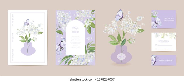 Tarjeta de matrimonio floral de color marrón y mariposa. Invitación a las flores de primavera blanca vectorial. Marco de plantilla Boho. Carátula botánica Save the Date, póster de diseño moderno