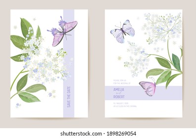 Watercolor elderberry floral wedding card. Vector white spring flowers invitation. Boho template frame. Botanical Save the Date foliage cover, modern design poster