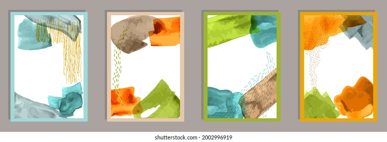 Watercolor elegant banners vector set. Watercolor smudges patterns. Chinese style design. Cool house decor layouts. Doodle elements.