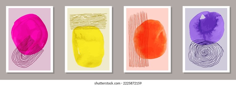 Cubiertas elegantes de color de agua conjunto vectorial. Collage de manchas acuáticas. Marcos de estilo nórdico. Fresco diseño de afiches en la pared. Elementos resquebrajadores.