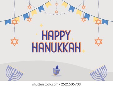 Aquarell Elegante Hanukkah Grußkarte mit einem isometrischen Design mit einer Menorah, dreidel, Schokolade Münzen und Gelee Donuts, schön angeordnet auf einer unberührten weißen Hintergrund