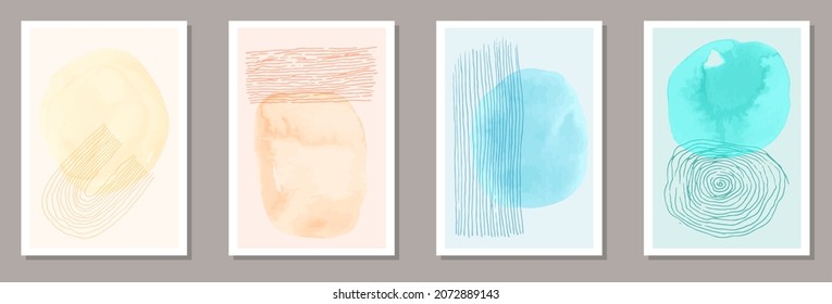 Juego de vectores de postales elegantes de color de agua. Patrones de manchas acuáticas. Diseño de estilo años 60. Estilosas plantillas artísticas de portada. Elementos Doodle.
