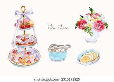 Watercolor elegant tea party elements collection