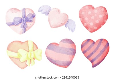 Watercolor elements for graphic designers to create artwork, consisting of various hearts, bows and wings. 