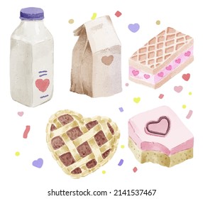 Watercolor elements for graphic designers to make artwork, including milk bottles, paper bags, waffles, cakes, pies, layer cakes. 