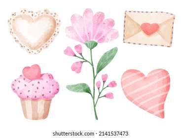 Watercolor elements for graphic designers to make artwork, including hearts, cakes, flowers, leaves, envelopes. 
