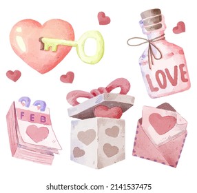 Watercolor elements for graphic designers to make artwork, including hearts, keys, padlocks, gift boxes, bottles, calendars, envelopes. 