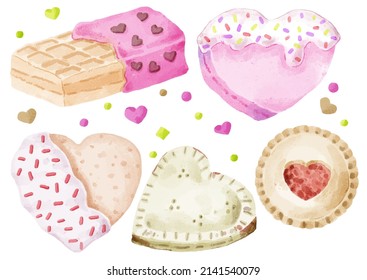 Elementos acuarelas para que los diseñadores gráficos hagan obras de arte, incluyendo postres como galletas, pasteles, gofres, pasteles, donuts. 