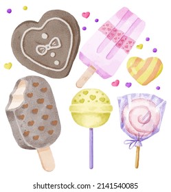 Watercolor elements for graphic designers to make artwork, including chocolates, hearts, ice cream sticks, candies, lollipops, 