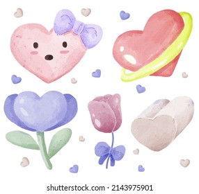 Watercolor elements for graphic designers to make artwork, including hearts, bows, flowers, leaves, roses, cakes. 