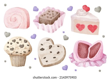 Watercolor elements for graphic designers to make artwork, including roll cakes, chocolate cupcakes, cookies. 