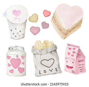 Watercolor elements for graphic designers to make artwork, including hearts, cakes, breads, bags, cans, paper cups, cookies. 