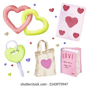 Watercolor elements for graphic designers to make artwork, including hearts, cards, car keys, paper bags, books, love. - Powered by Shutterstock - Get 15% off with code: PIKWIZARD15