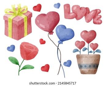 Watercolor elements for graphic designers to make artwork, including hearts, keys, gift boxes, balloons, roses, letters, plants. Pots, 