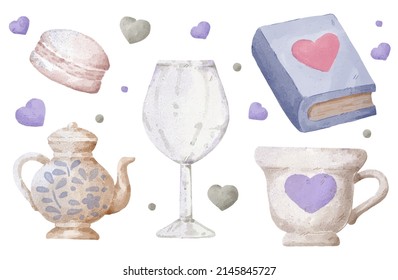 Watercolor elements for graphic designers to make artwork, including macaloons, desserts, wine glasses, books, glasses, hearts. 