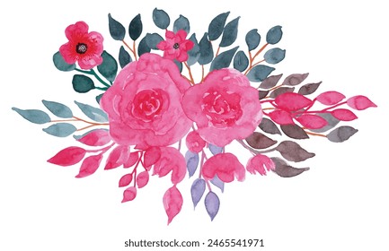 Acuarela Elementos de rosas rosadas colección. acuarela marco floral, hojas, ramas, flores rosadas, botánico, invitación romántica de boda, ilustración aislada sobre fondo blanco.