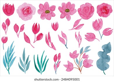 Elementos de acuarela de rosas rosadas conjunto. acuarela flores cuadro, flor rosa, hojas verdes, flor rosa rosa, cartel floral, invitación, ilustración botánica aislado sobre fondo blanco.