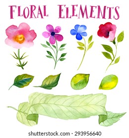 Watercolor elements set. Hand drawn floral illustrations isolated on white background. Vector flowers and leaves.