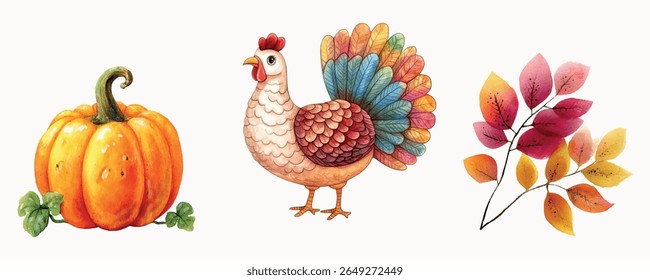 Watercolor elements for Thanksgiving Day. Turkey, pumpkin and autumn leaves. Cute watercolor cliparts for Thanksgiving and autumn designs. Vector illustration.